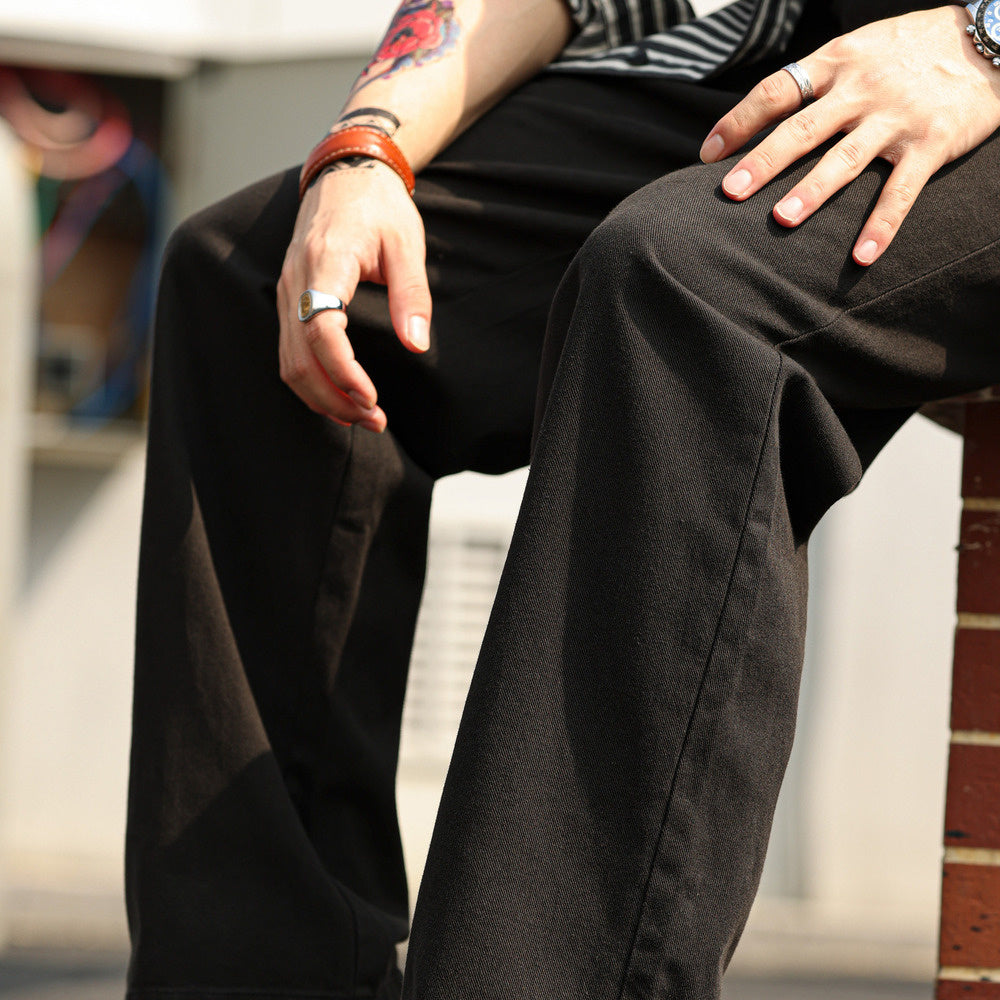 美式休閒墜感直筒休閒褲子男大碼簡約Vintage工裝純棉長褲秋-Retro's Wear