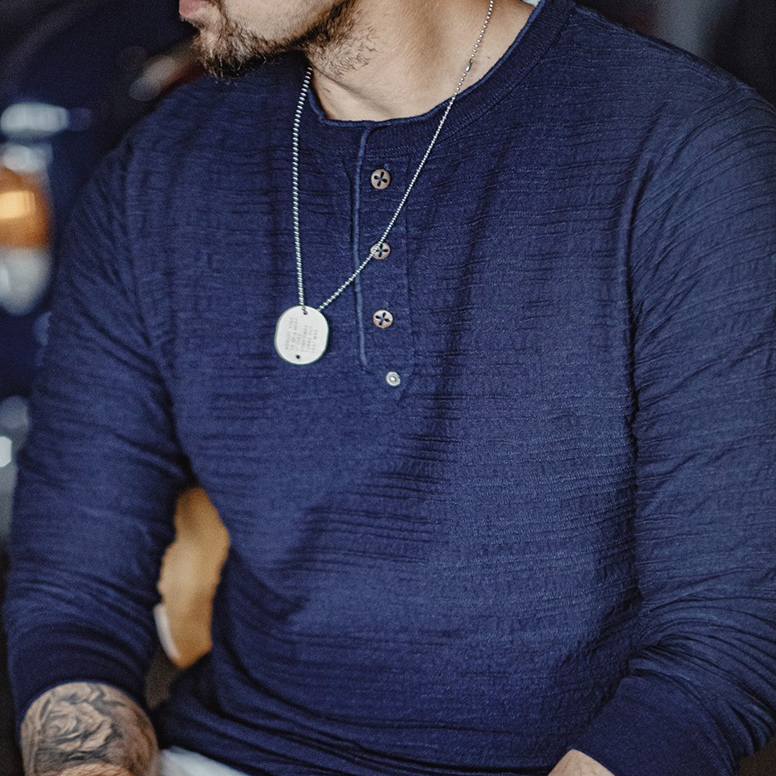 美式復古提花針織牛仔亨利衫vintage硬漢修身長袖T恤男秋-Retro's Wear