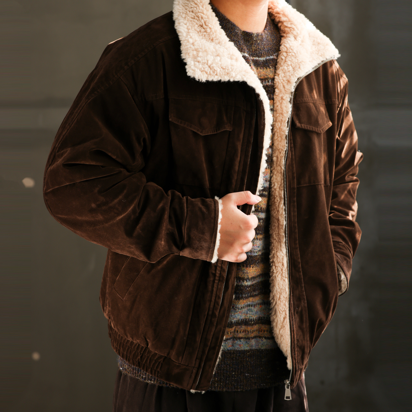 美式復古vintage羊羔絨立領夾克男保暖禦寒工裝棉服外套