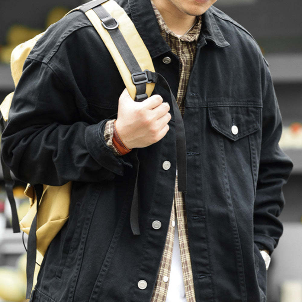 日系重磅牛仔夾克男阿特蘇水洗休閒復古黑色外搭開衫外套秋-Retro's Wear