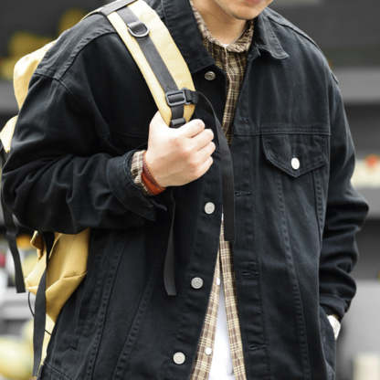 日系重磅牛仔夾克男阿特蘇水洗休閒復古黑色外搭開衫外套秋-Retro's Wear