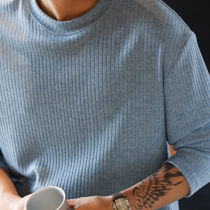 美式坑條肌理感針織T恤男380g重磅彈力暖絨長袖打底TEE