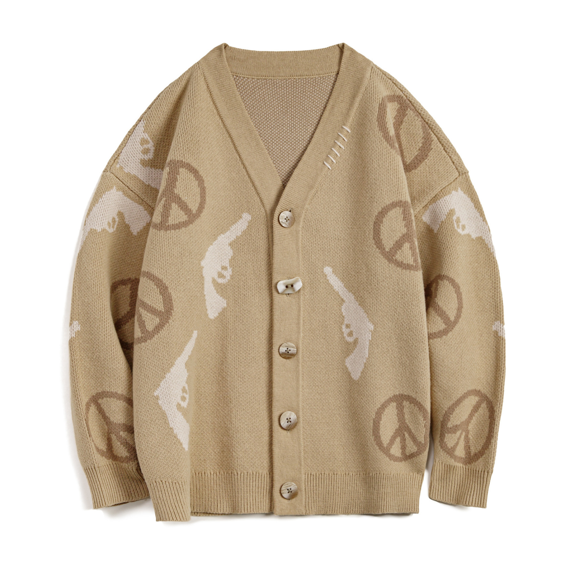 復古卡其色大V領寬鬆外穿毛衣提花針織開衫外套上衣女士秋冬