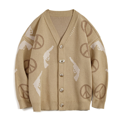 復古卡其色大V領寬鬆外穿毛衣提花針織開衫外套上衣女士秋冬