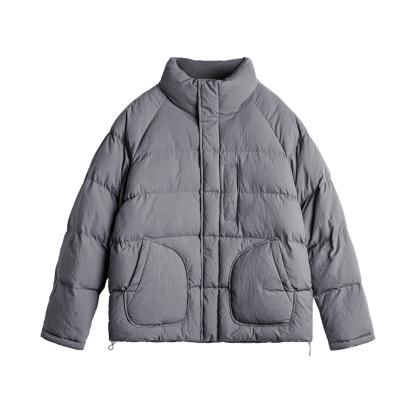 美式灰色尼龍棉服插肩袖外套珍珠棉立領加厚保暖短款夾克