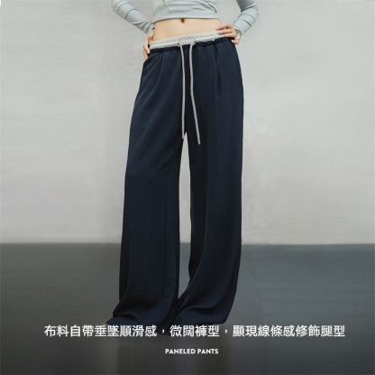 美式抽繩鬆緊腰闊腿褲寬鬆顯瘦直筒休閒長褲垂墜感拖地褲秋女-Retro's Wear