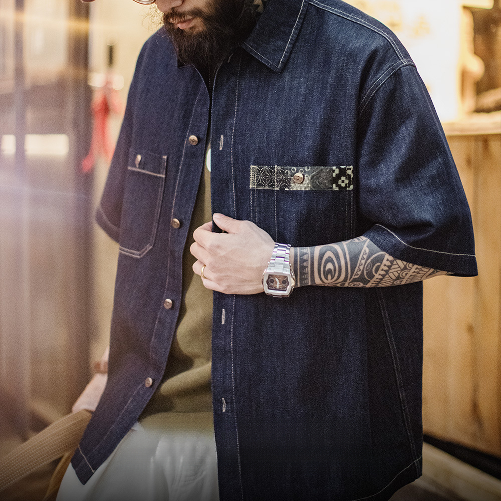 美式復古boro丹寧回潮牛仔襯衣日系藍染翻領襯衫外套男