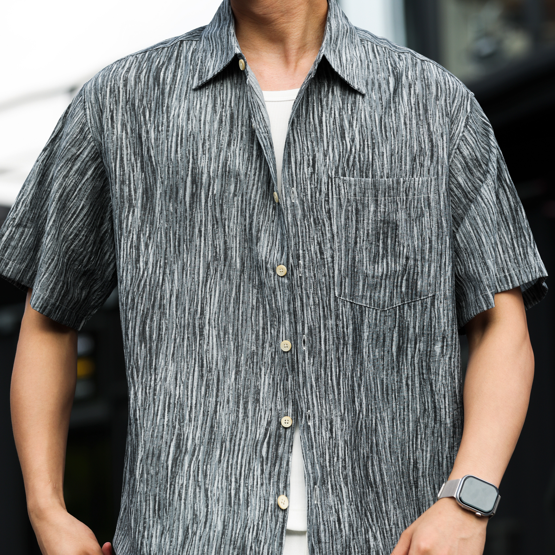 美式休閒鹅黃色短袖襯衣男褶皺紋理115g輕量感外搭襯衫