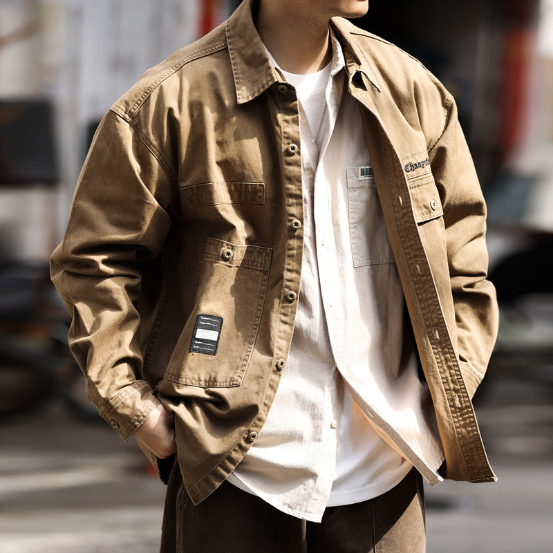 美式復古硬漢帆布工裝襯衫夾克純棉磨毛外穿重磅獵裝外套秋-Retro's Wear