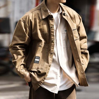 美式復古硬漢帆布工裝襯衫夾克純棉磨毛外穿重磅獵裝外套秋-Retro's Wear
