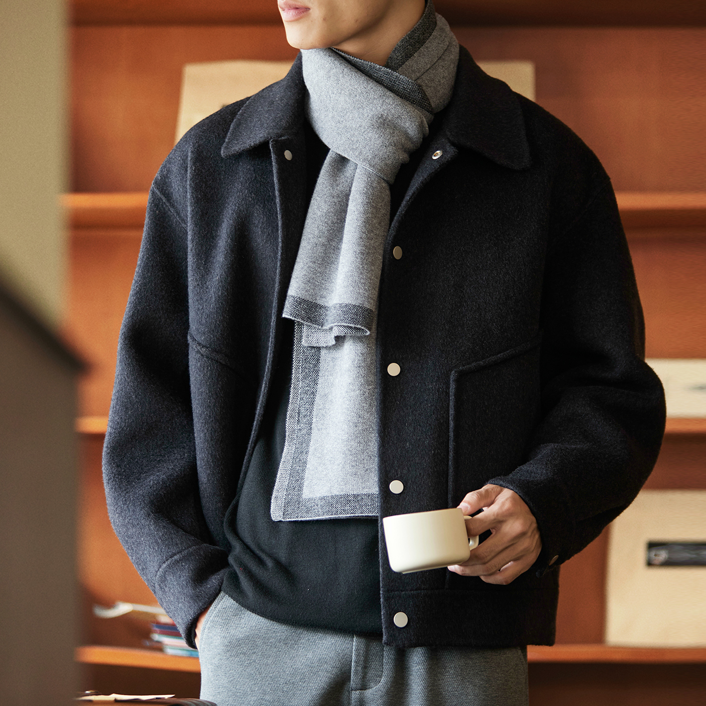 雙面呢羊毛翻領休閒夾克男2025冬季新款通勤保暖羊絨毛呢大衣外套