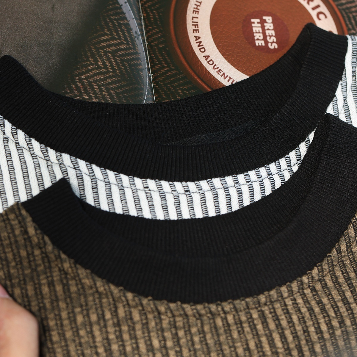 美式復古豎坑條肌理長袖T恤男撞色圓領慵懶感休閒上衣秋