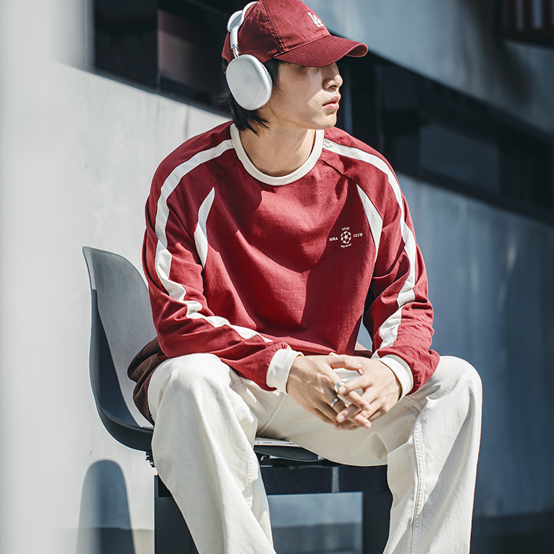 MRA復古阿森納球衣酒紅色純棉長袖T恤插肩運動印花打底衫男秋