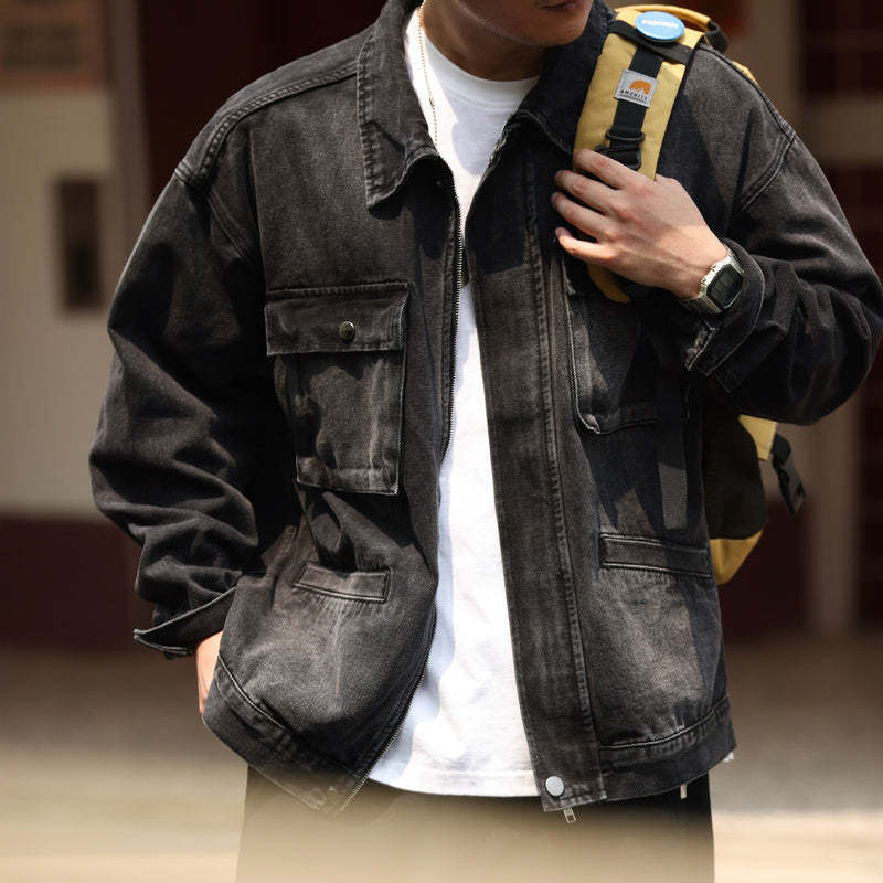 日系復古納米漸染水洗牛仔夾克男重磅寬鬆多口袋工裝外套秋-Retro's Wear
