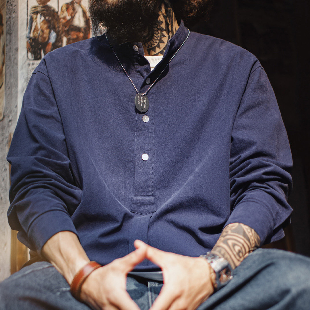 美式復古小立領長袖襯衫藏青色外穿純棉半高領T恤男款春