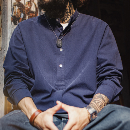 美式復古小立領長袖襯衫藏青色外穿純棉半高領T恤男款春