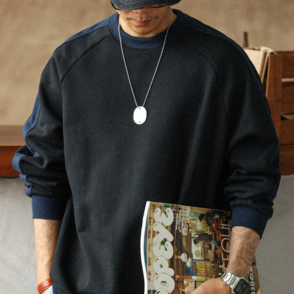 羅紋撞色拼接套頭衛衣男款秋冬480G重磅純棉毛圈休閒外套上衣-Retro's Wear