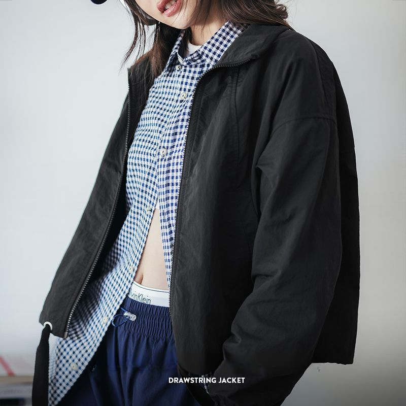 美式復古抽繩夾克翻領可收腰工裝外套小個子寬鬆上衣春秋季女