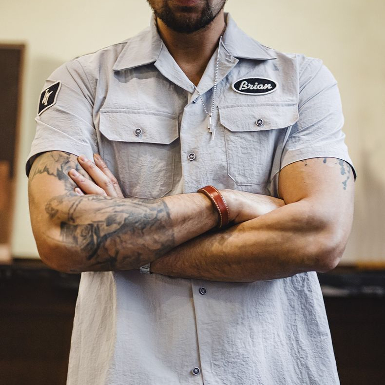 美式復古速度與激情同款古巴領襯衫硬漢vintage襯衣男夏