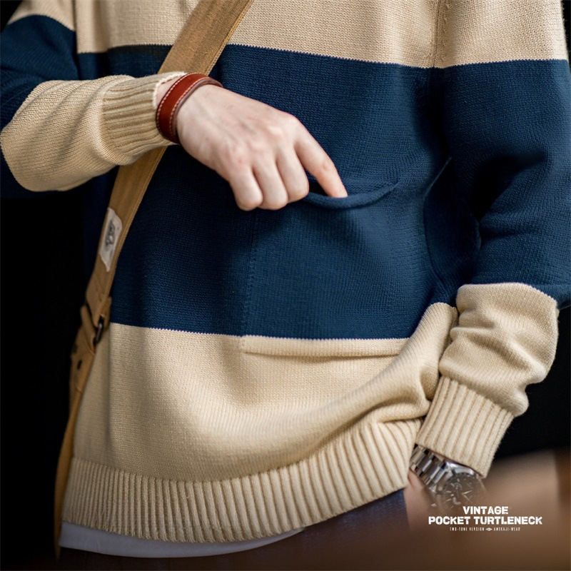 美式復古高領編織毛衣撞色條紋套頭保暖打底針織衫男秋冬-Retro's Wear