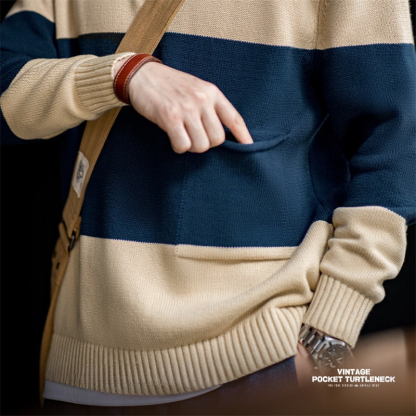 美式復古高領編織毛衣撞色條紋套頭保暖打底針織衫男秋冬-Retro's Wear