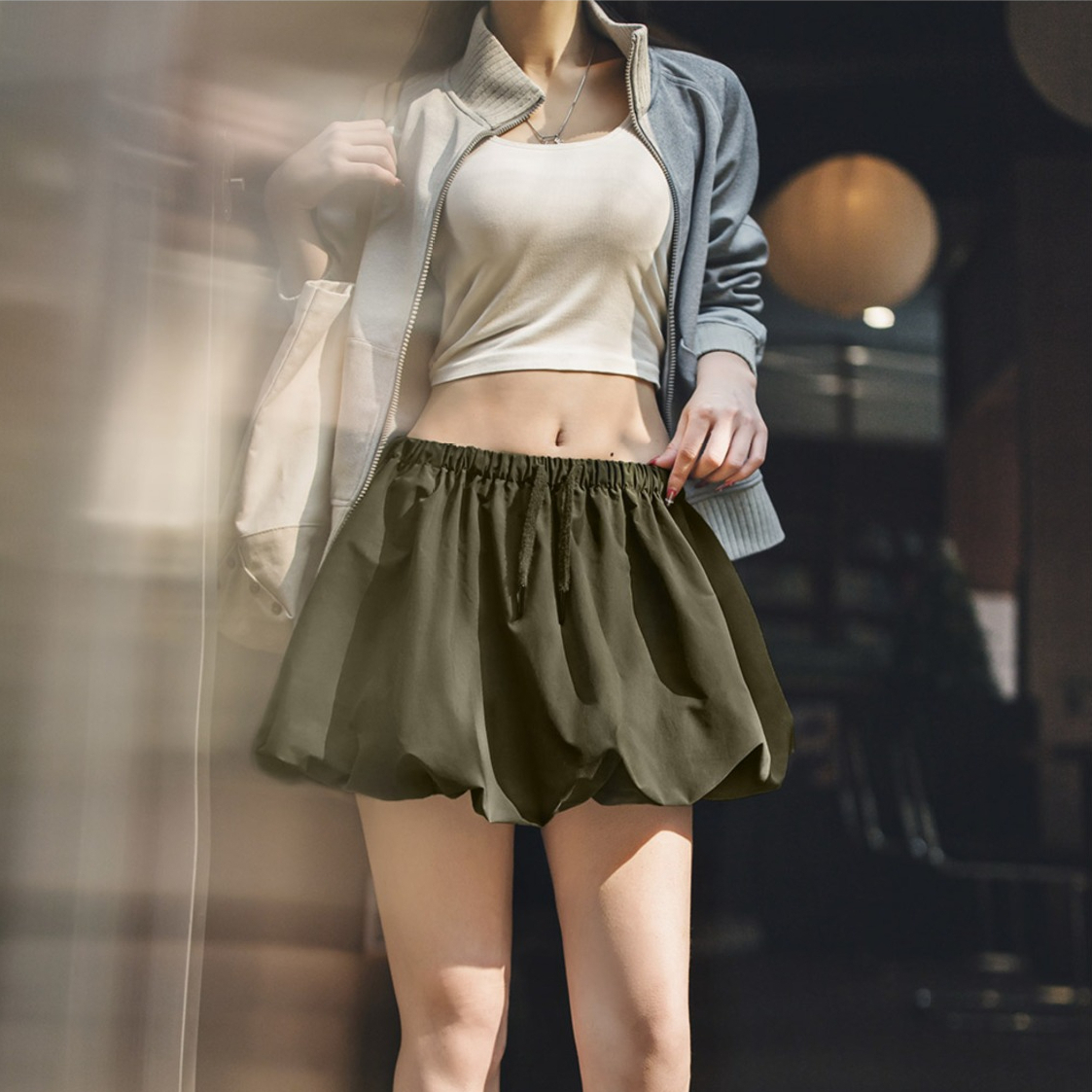 泡泡褶遮胯雲朵花苞南瓜短半身裙鬆緊腰抽繩工裝燈籠a裙夏女