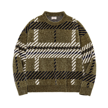 復古雪尼爾格紋寬鬆聖誕套頭保暖加厚實毛衣軟糯針織衫女秋冬