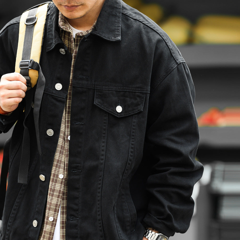 日系重磅牛仔夾克男阿特蘇水洗休閒復古黑色外搭開衫外套秋-Retro's Wear