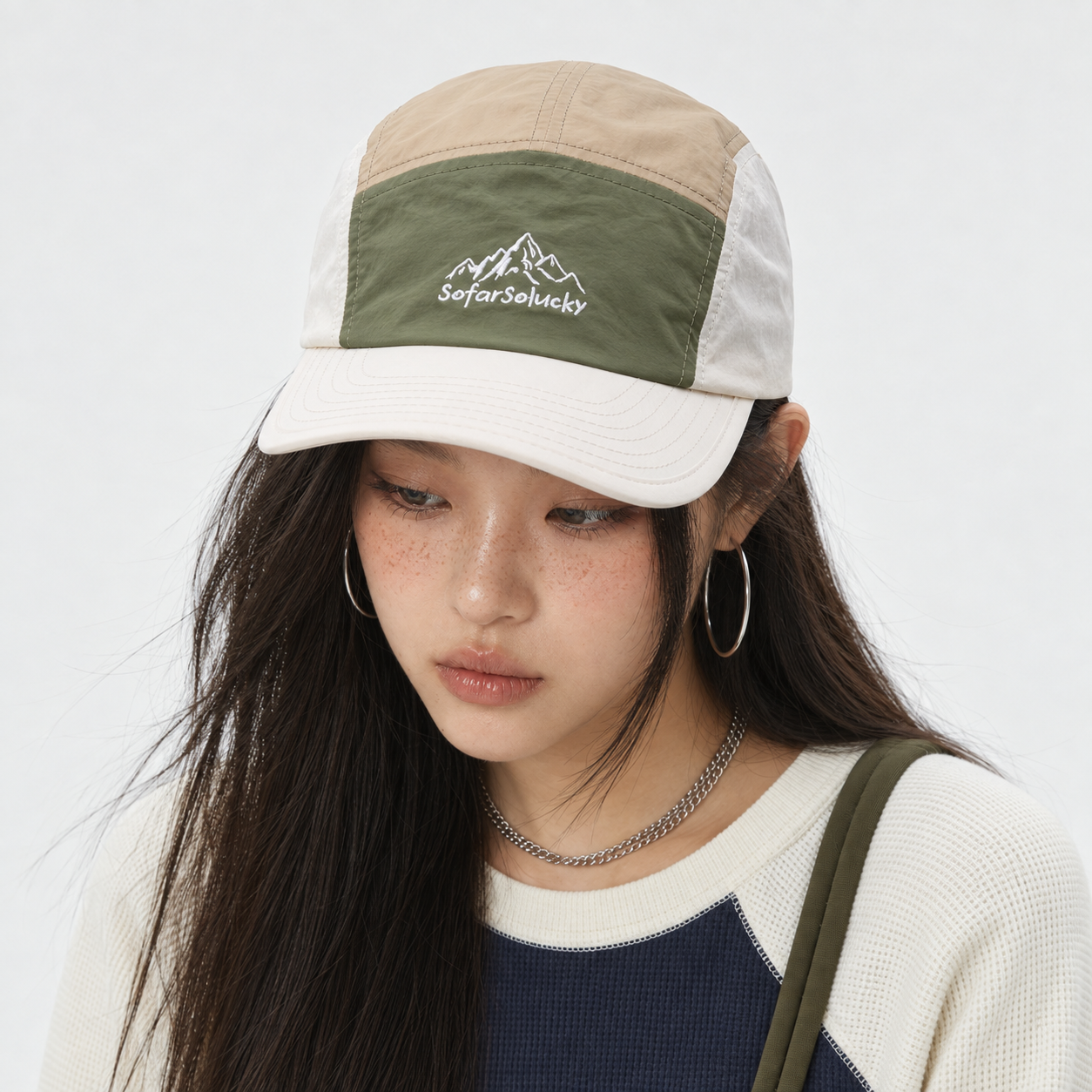 復古撞色拼接山系刺繡五片帽