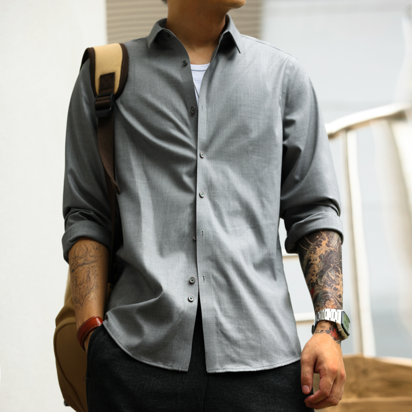 抗皺免燙莫代爾長袖襯衫男美式休閒通勤外搭襯衣打底衫