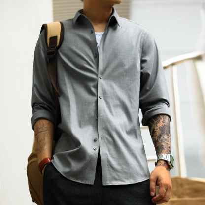 抗皺免燙莫代爾長袖襯衫男美式休閒通勤外搭襯衣打底衫
