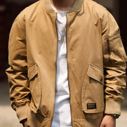 美式復古MA-1飛行夾克男寬鬆工裝大碼卡其色棒球領哈靈頓外套-Retro's Wear