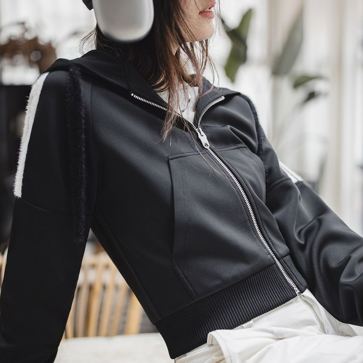 空氣層hoodie開衫外套條紋毛絨拼接衛衣春季運動通勤上衣女