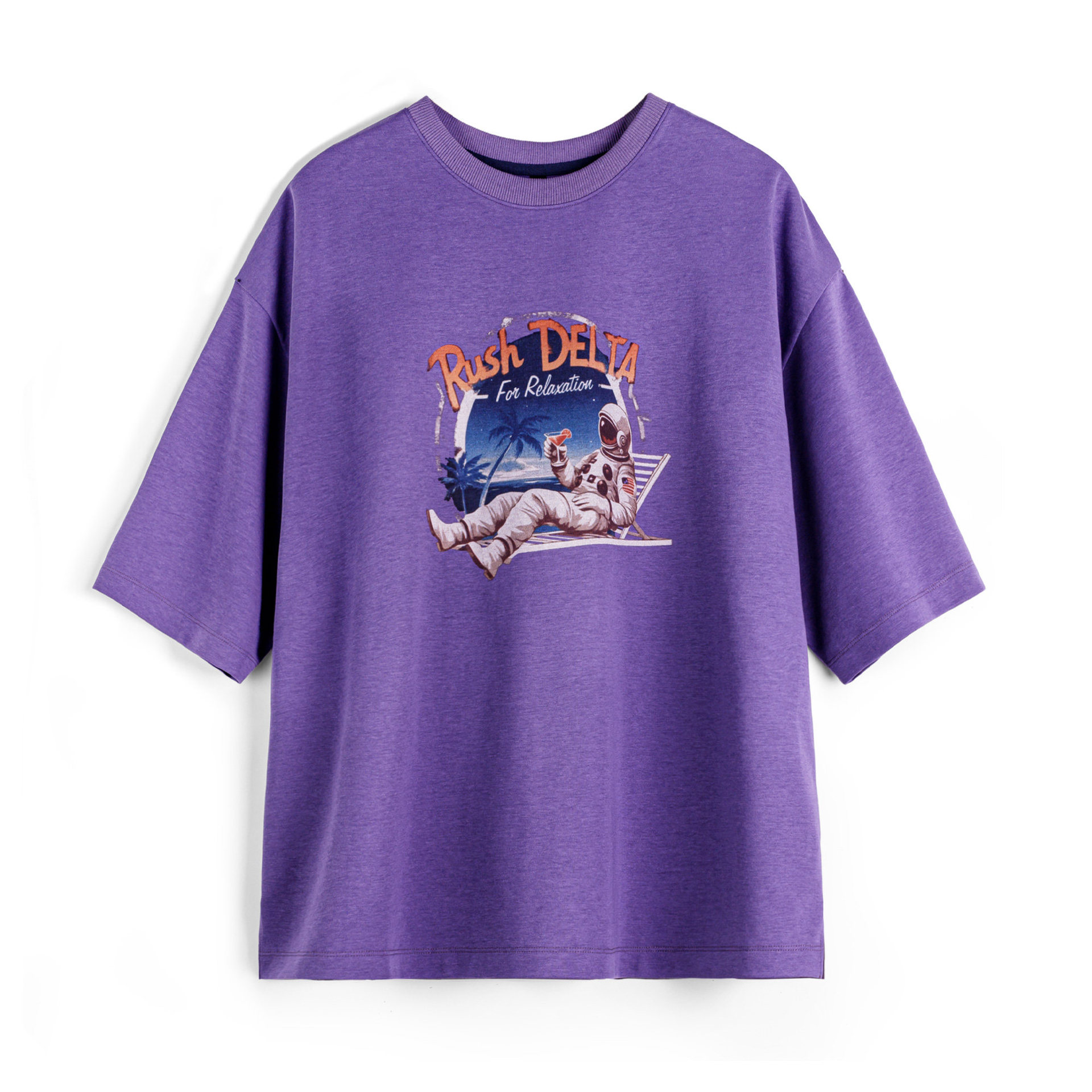 紫色復古花邊拼接寬鬆数位印花短袖t恤小眾設計感上衣女士夏