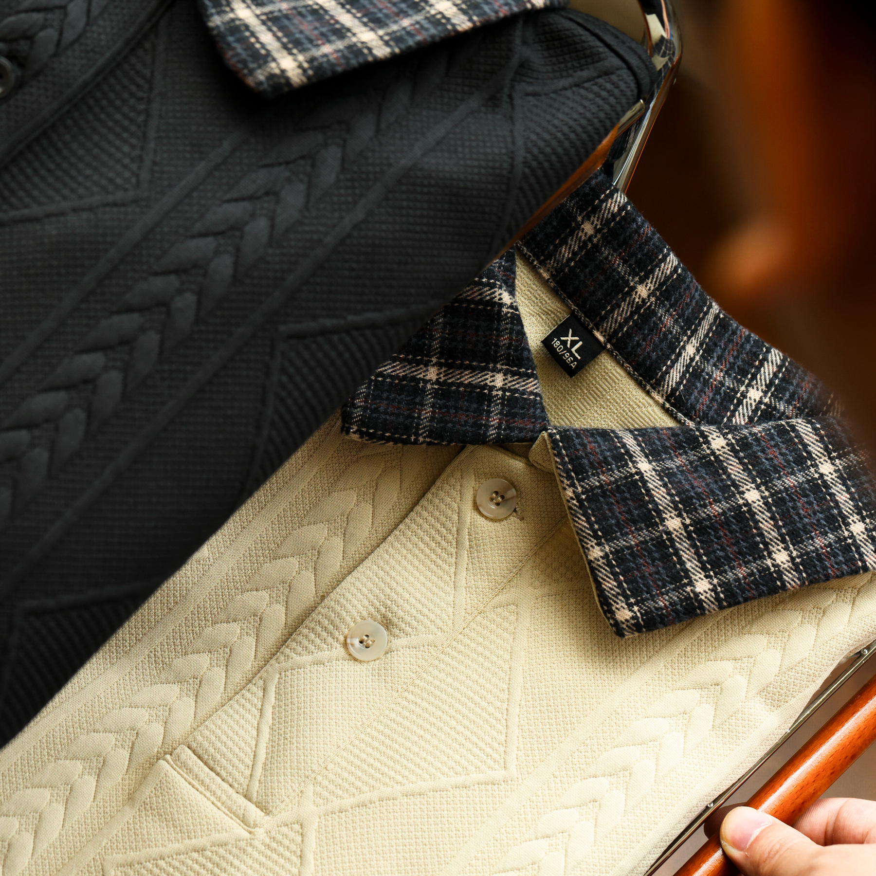 美式休閒針織提花肌理感衛衣男撞色格子翻領長袖POLO衫