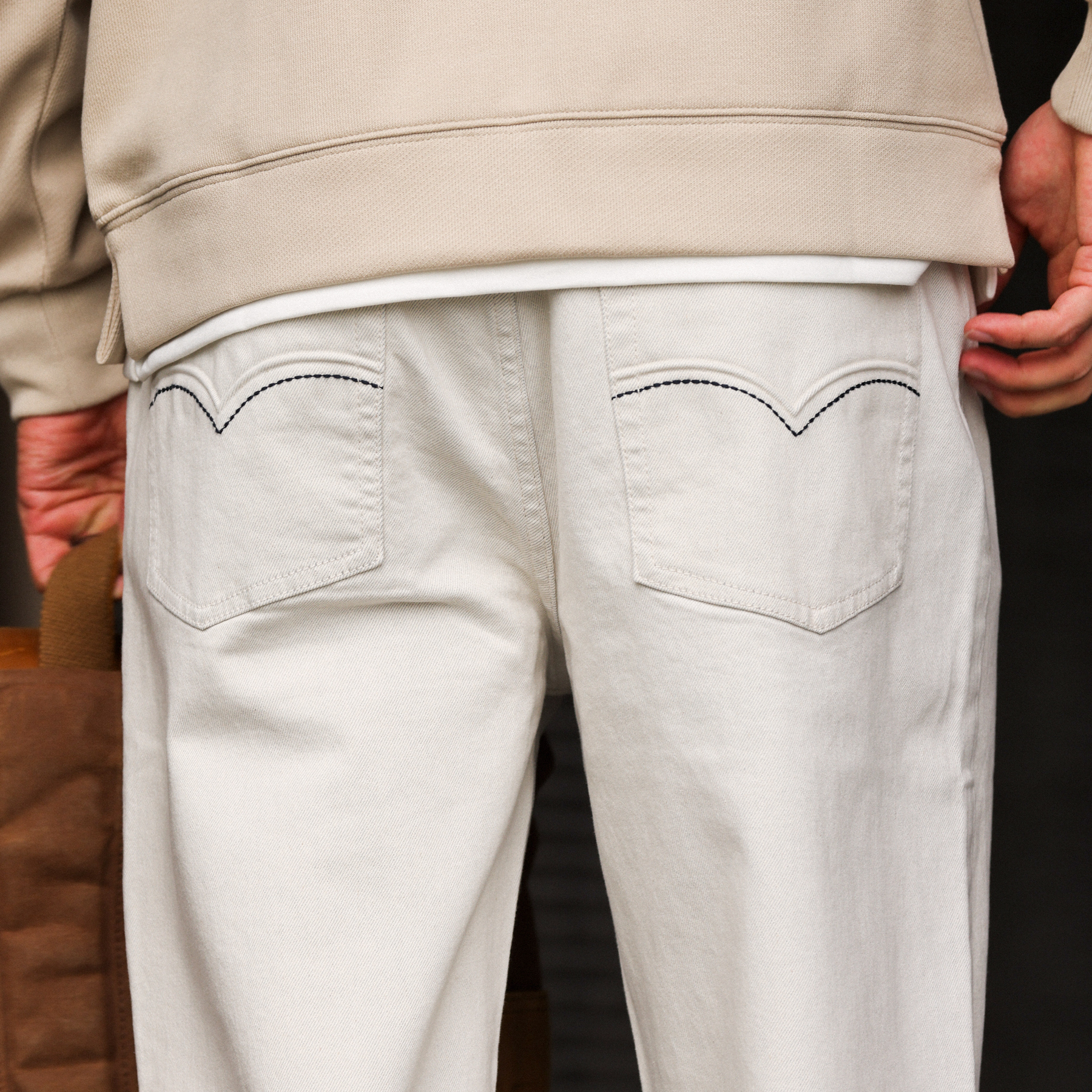 12.7盎司復古白色牛仔褲男耐鹼性棉彈直筒質感休閒長褲