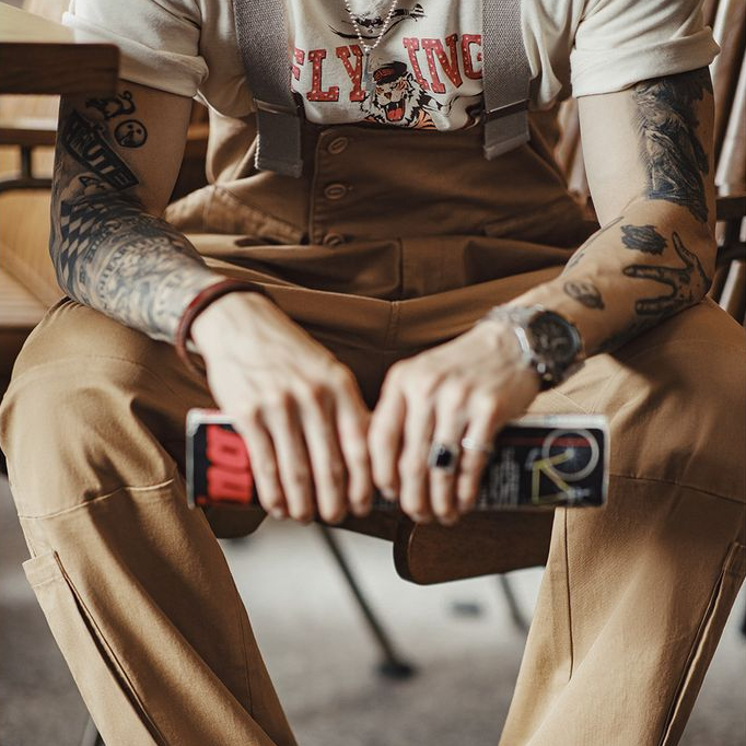 美式復古寬鬆BF直筒背帶褲阿美哢嘰休閒連體吊帶長褲子男