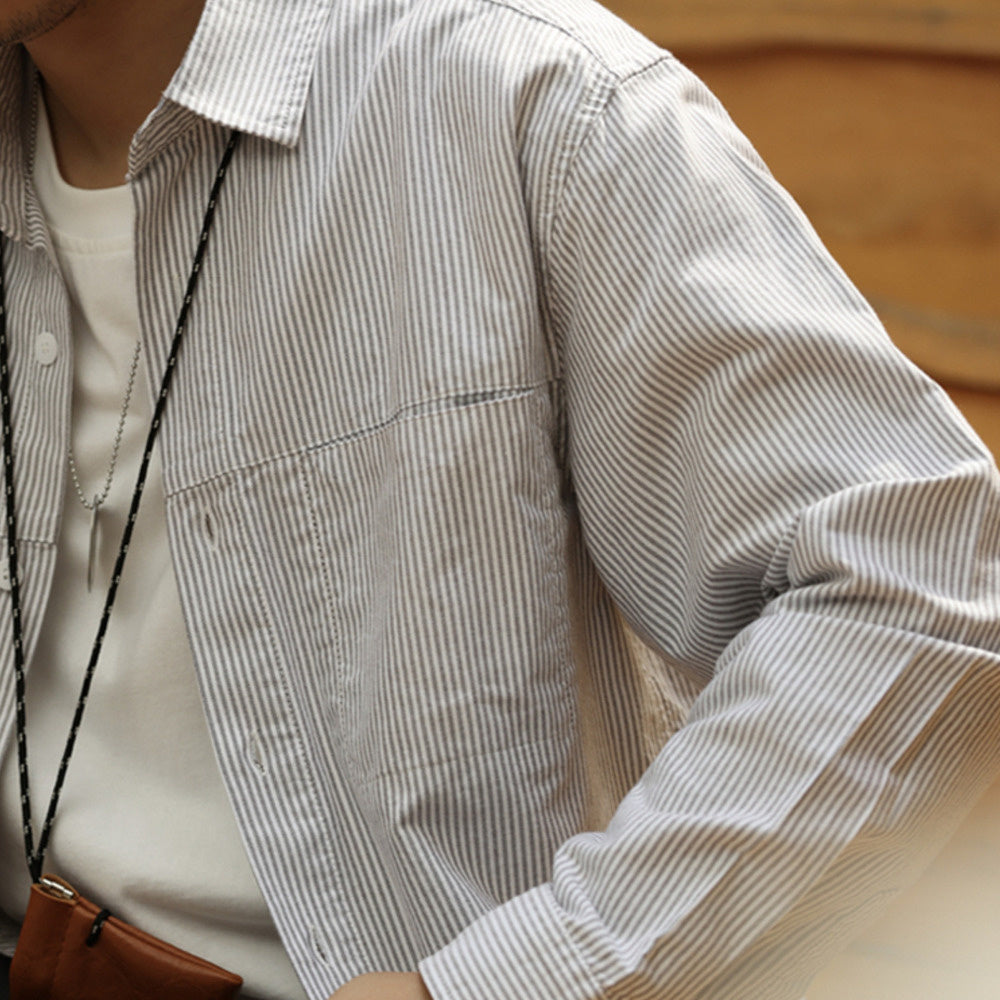 日系高級感細條紋長袖襯衫男純棉疊穿艺文復古休閒襯衣秋-Retro's Wear