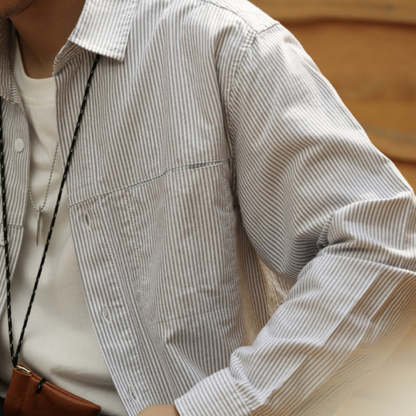 日系高級感細條紋長袖襯衫男純棉疊穿艺文復古休閒襯衣秋-Retro's Wear