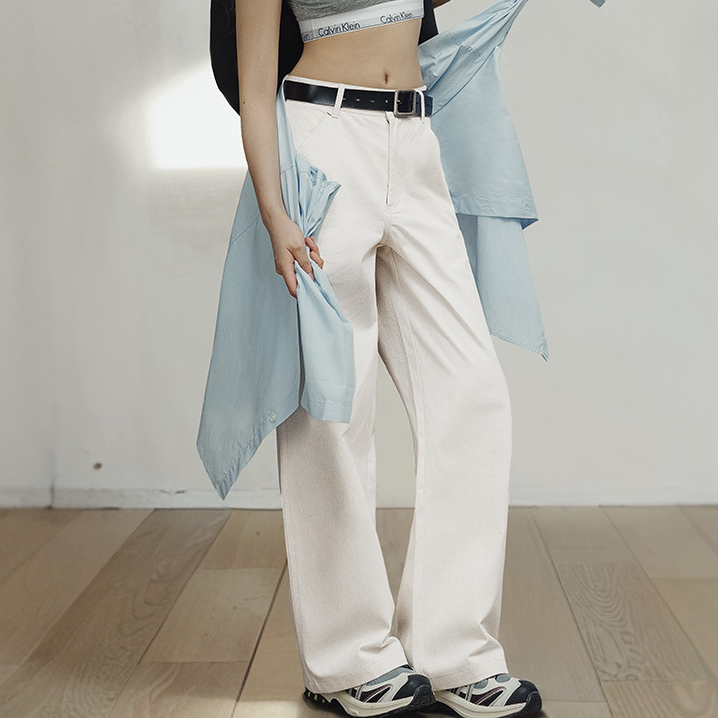 棉籽殼白色伐木工直筒褲純棉百搭休閒褲美式復古工裝褲夏季女-Retro's Wear