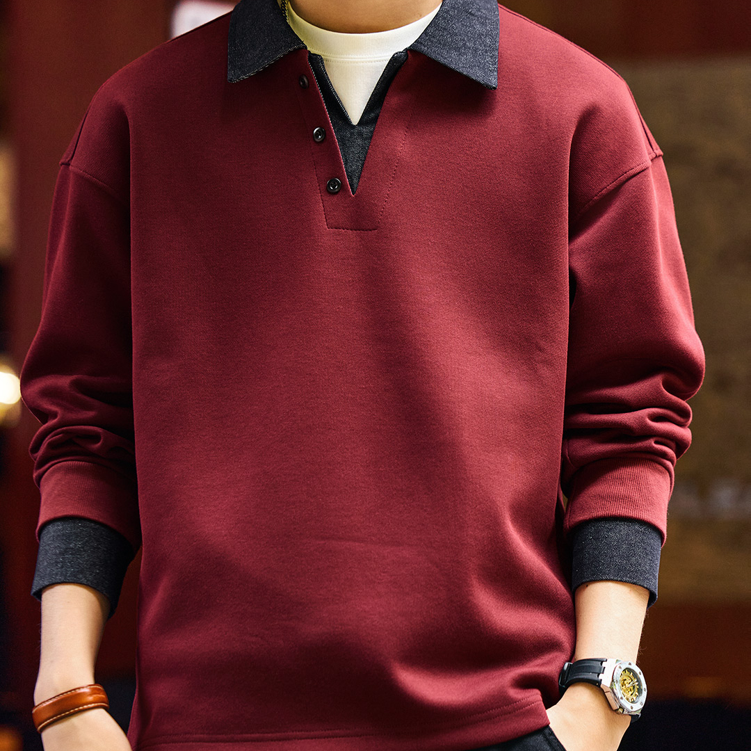 假兩件撞色拼接重磅牛仔Polo衫男秋冬加絨復古翻領衛衣