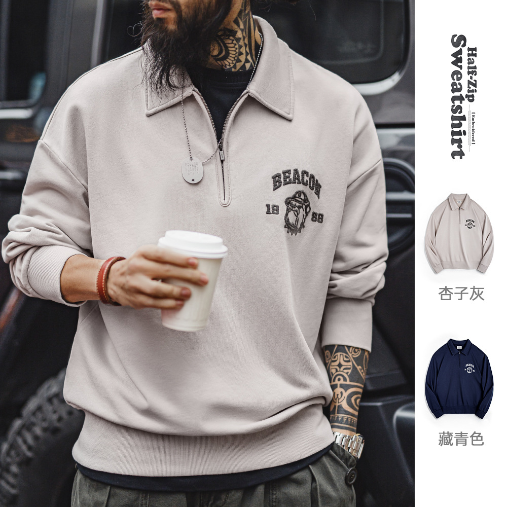 美式復古立體刺繡半開襟衛衣休閒翻領套頭polo衫上衣男春