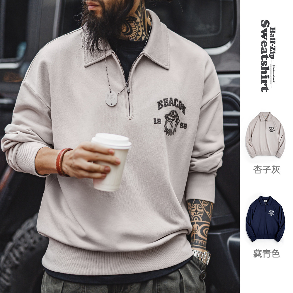 美式復古立體刺繡半開襟衛衣休閒翻領套頭polo衫上衣男春