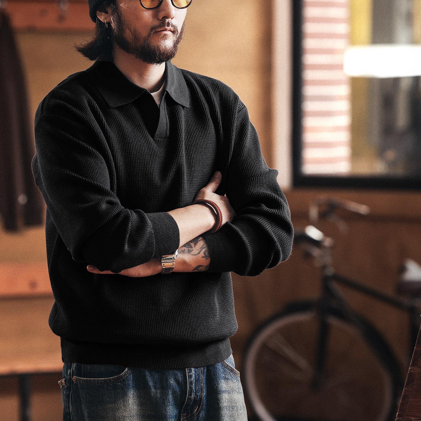 美式復古老錢風海鷗領毛衣男秋冬款寬鬆潮牌保暖POLO針織衫