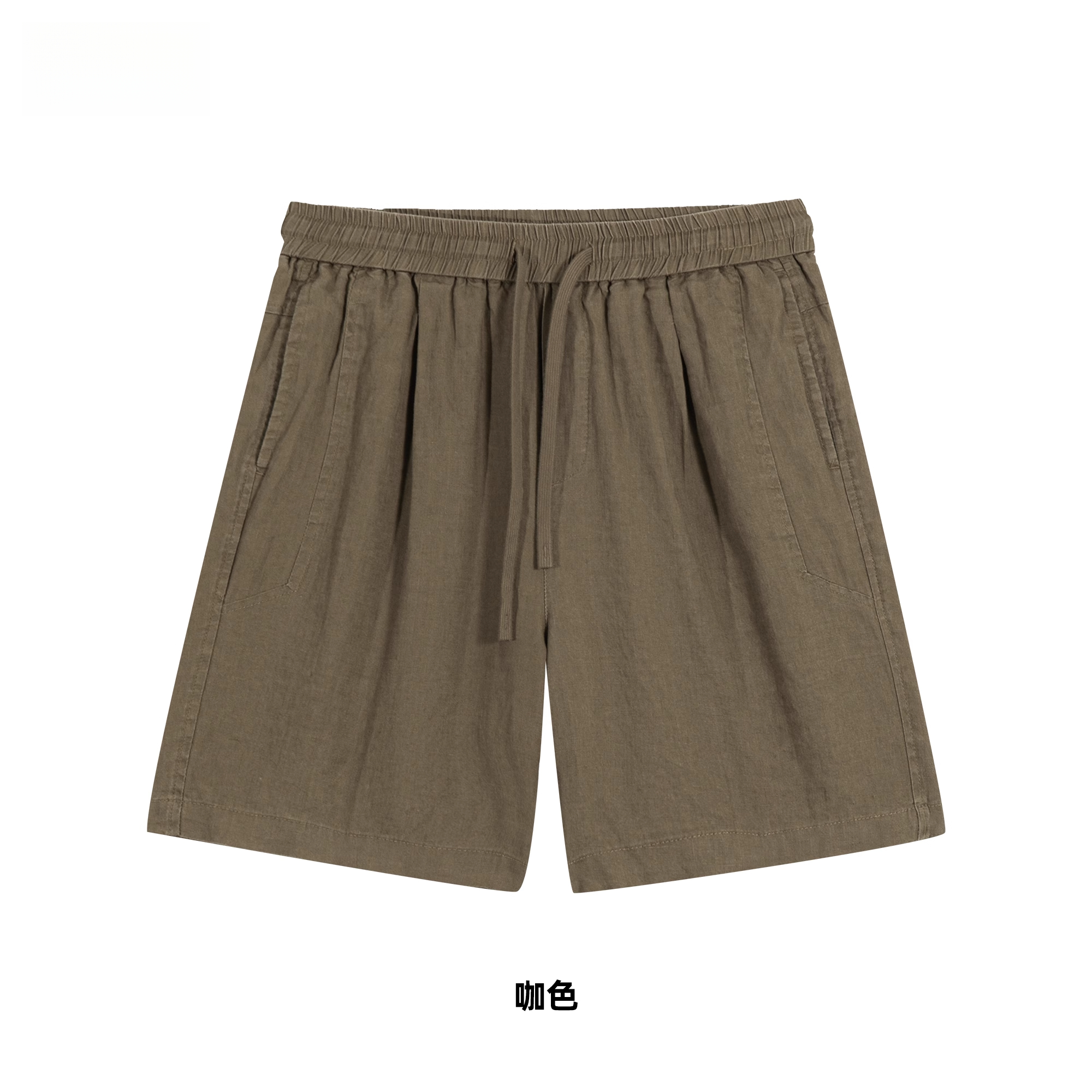 夏日休閒100%亞麻短褲男抽繩鬆緊腰設計透氣通勤五分褲
