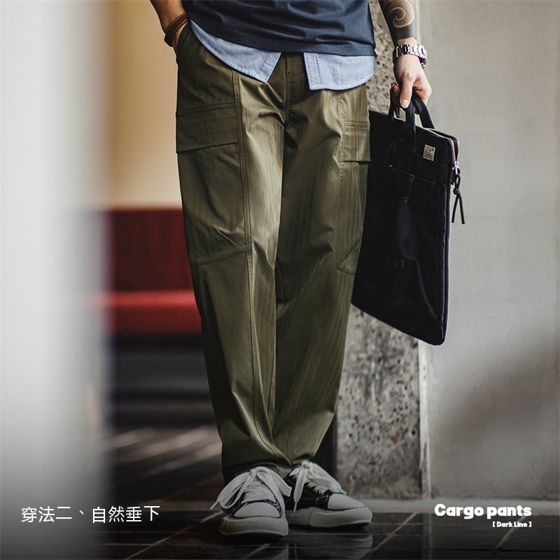 美式復古多口袋人字紋休閒褲vibe軍綠色直筒長褲男春季-Retro's Wear