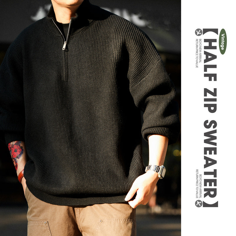 美式休閒半拉鍊立領保暖毛衣男700g復古慵懶風針織衫冬-Retro's Wear