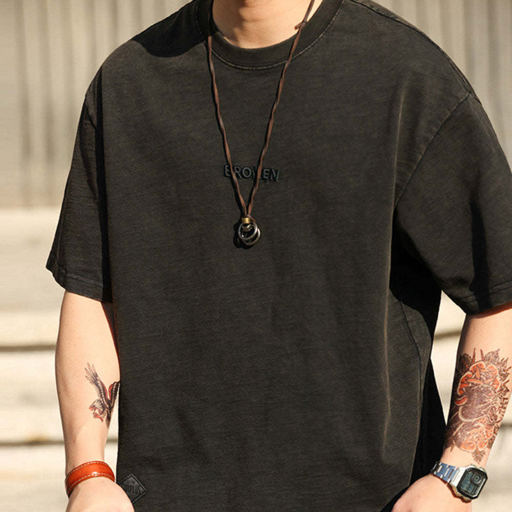 日系復古重磅天竺棉短袖T恤男250g字母刺繡純棉打底衫夏