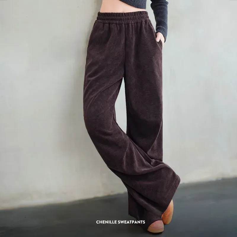美式復古雪尼爾衛褲慵懶休閒褲寬鬆顯瘦闊腿褲直筒長褲春秋女-Retro's Wear
