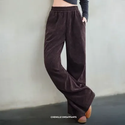 美式復古雪尼爾衛褲慵懶休閒褲寬鬆顯瘦闊腿褲直筒長褲春秋女-Retro's Wear